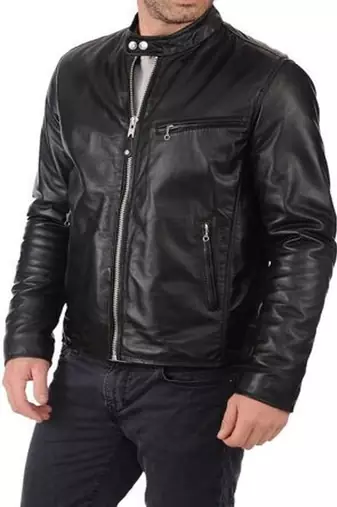 Black genuine lambskin leather jacket café racer motorcycle biker jacket