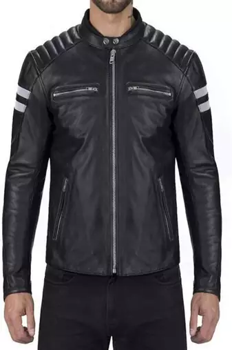 Men's black with white strip café racer quilted shoulder genuine lambskin leather jacket multiple zip &  biker style
