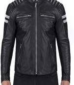 Men's black with white strip café racer quilted shoulder genuine lambskin leather jacket multiple zip &  biker style