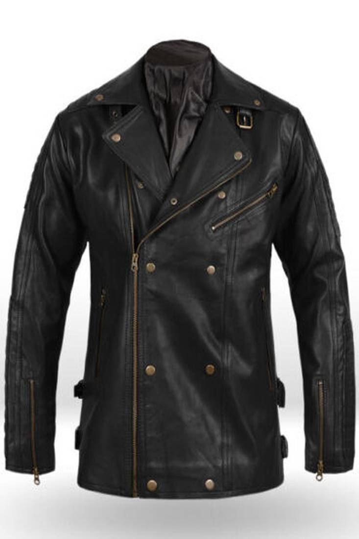 Men's black genuine lambskin leather jacket multiple zip & button biker style