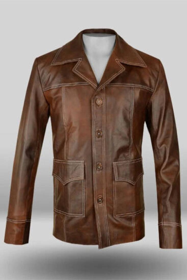 Brown men's genuine lambskin leather jacket button   trucker-style jacket buttons