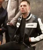 men's black and white lambskin leather bomber jacket ribbed cuffs premium