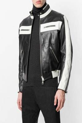 men's black and white lambskin leather bomber jacket ribbed cuffs premium 3