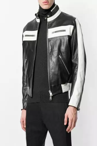men's black and white lambskin leather bomber jacket ribbed cuffs premium