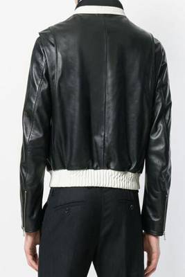 men's black and white lambskin leather bomber jacket ribbed cuffs premium 4