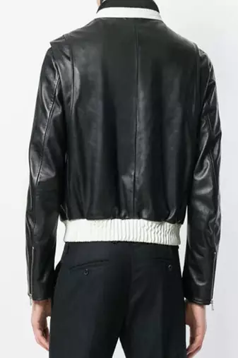 men's black and white lambskin leather bomber jacket ribbed cuffs premium