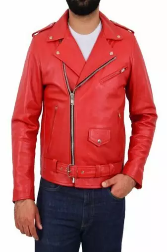 men's red genuine lambskin leather jacket  biker style zipper