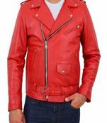 men's red genuine lambskin leather jacket  biker style zipper