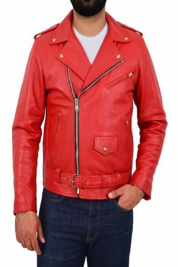 men's red genuine lambskin leather jacket  biker style zipper