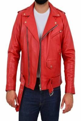 men's red lambskin leather biker jacket classic moto zip style modern 3