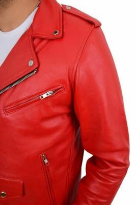 men's red lambskin leather biker jacket classic moto zip style modern 4