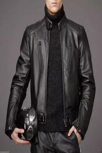 Mens black genuine lambskin leather jacket bomber  biker style zipper