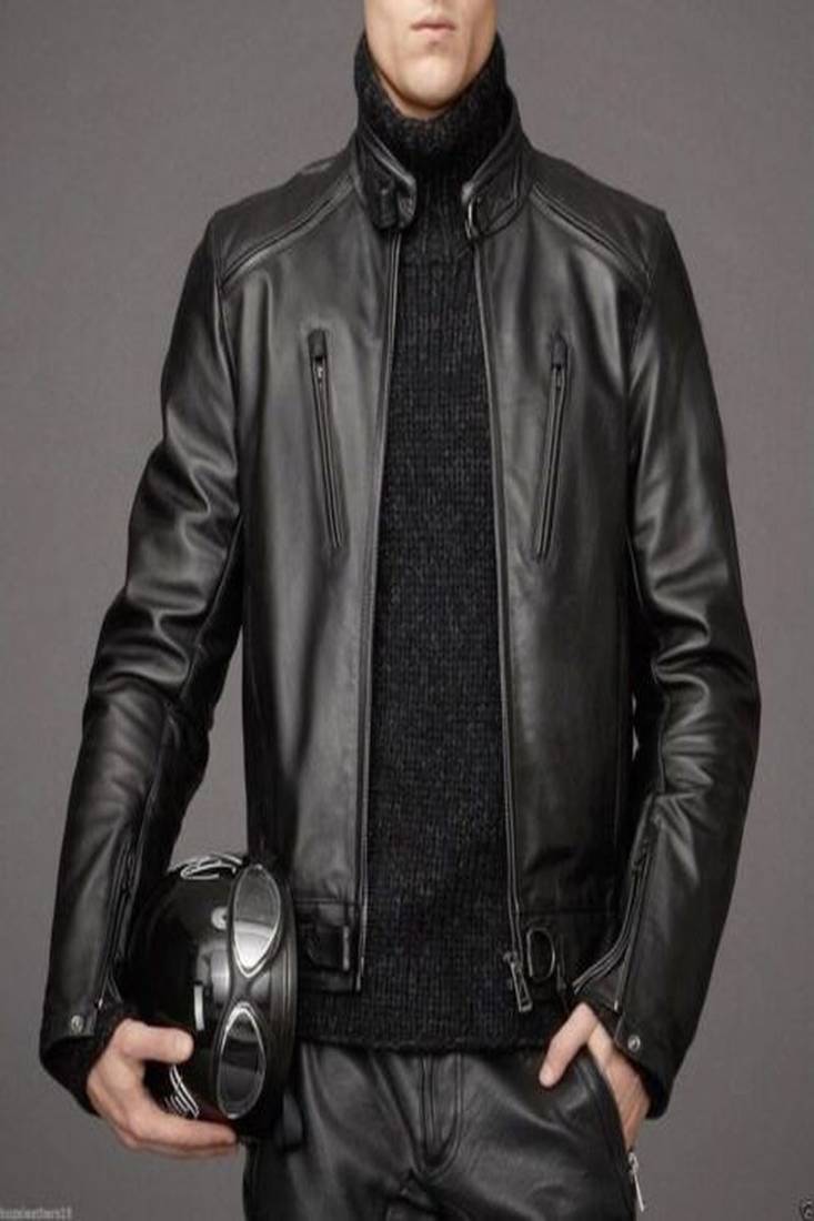 Mens black genuine lambskin leather jacket bomber  biker style zipper