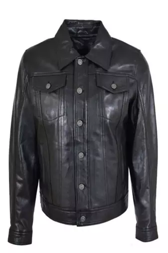 Mens black button design genuine lambskin leather trucker jacket zipper biker style