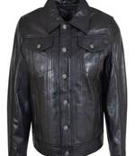 Mens black button design genuine lambskin leather trucker jacket zipper biker style