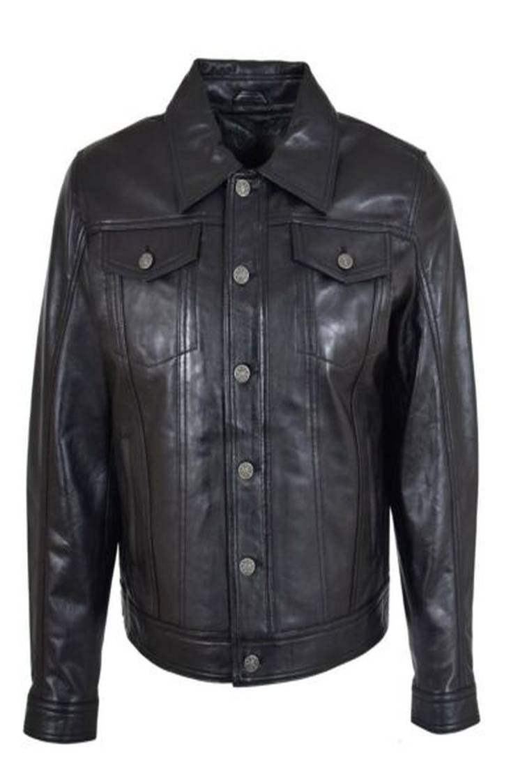 Mens black button design genuine lambskin leather trucker jacket zipper biker style