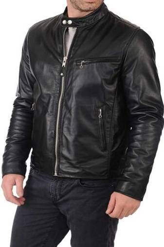 Mens black racer genuine lambskin leather trucker jacket zipper biker style