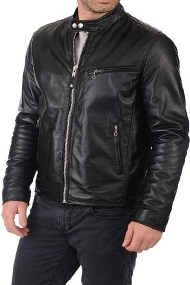 Mens black racer genuine lambskin leather trucker jacket zipper biker style