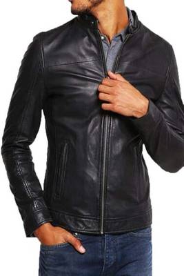 men's black lambskin leather biker jacket classic moto zip style modern elite 1