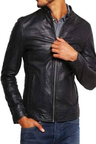 men's black genuine lambskin leather jacket ziper & café racer biker style