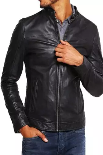 men's black genuine lambskin leather jacket ziper & café racer biker style
