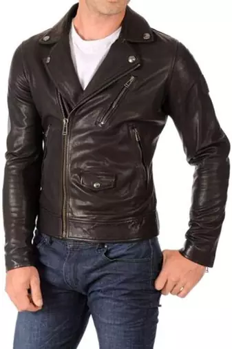 Men's dark brown  genuine lambskin leather jacket- multiple zipper & quilterd shoulder biker style