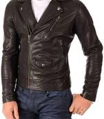 Men's dark brown  genuine lambskin leather jacket- multiple zipper & quilterd shoulder biker style