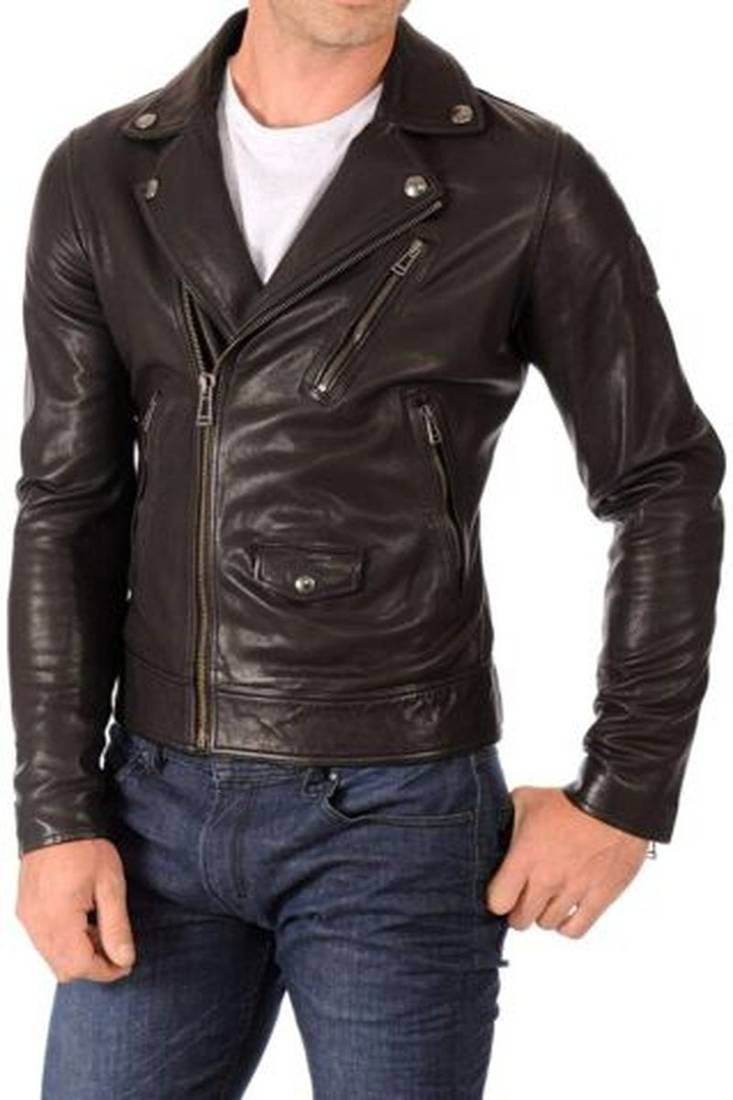 Men's dark brown  genuine lambskin leather jacket- multiple zipper & quilterd shoulder biker style