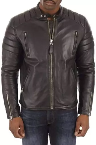 Men's dark brown genuine lambskin leather jacket quilterd shoulder biker style