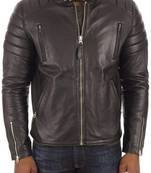 Men's dark brown genuine lambskin leather jacket quilterd shoulder biker style