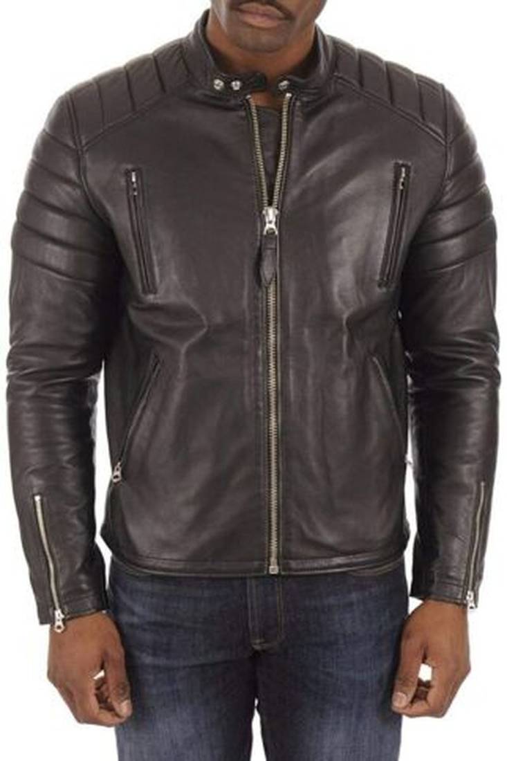 Men's dark brown genuine lambskin leather jacket quilterd shoulder biker style