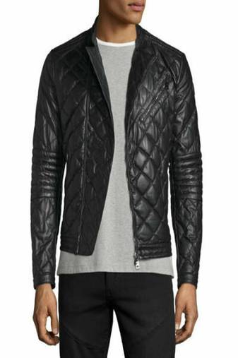 Mens quilted black color jacket genuine lambskin leather jacket zipper style