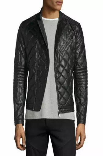 Mens quilted black color jacket genuine lambskin leather jacket zipper style