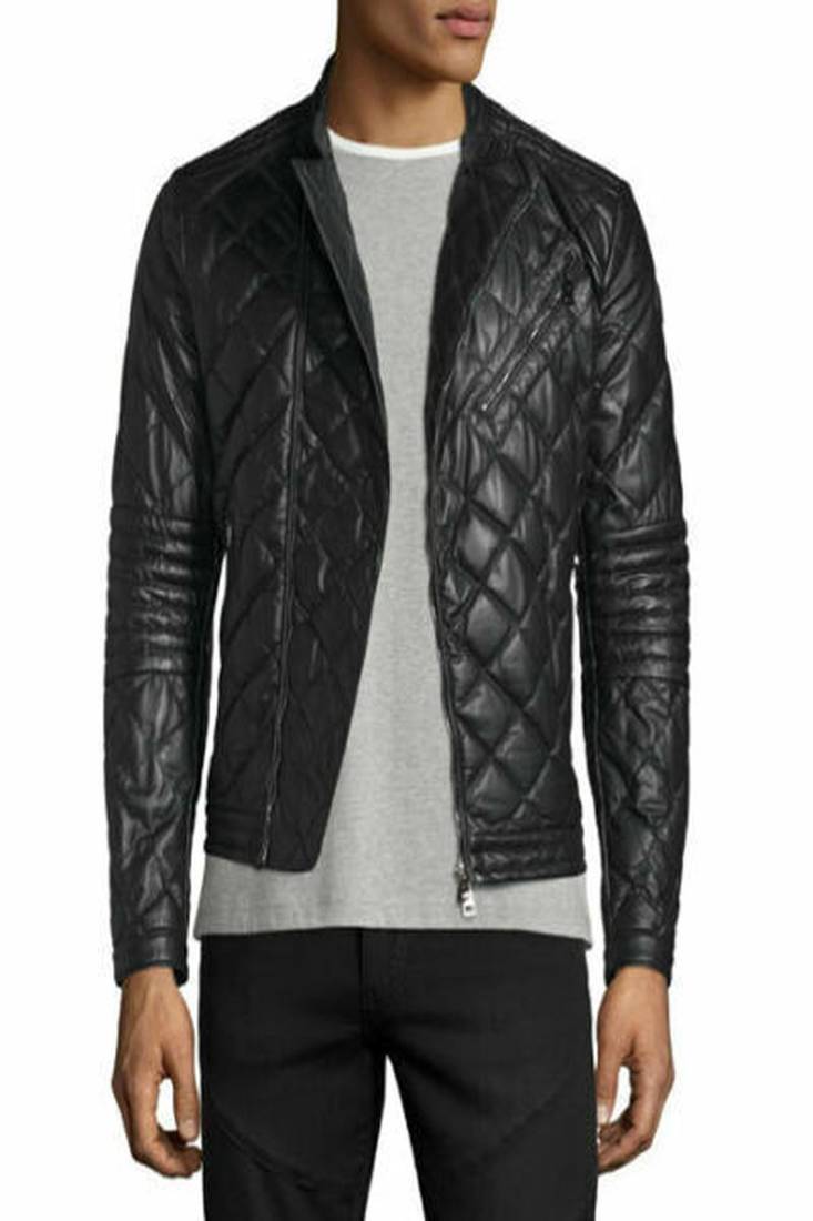Mens quilted black color jacket genuine lambskin leather jacket zipper style