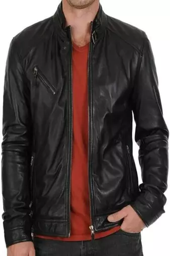 Mens black genuine lambskin leather zipper  jacket style moto racer
