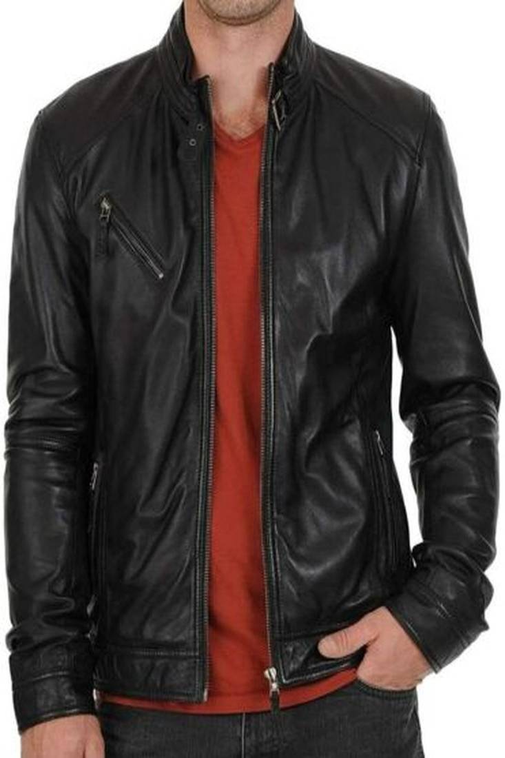 Mens black genuine lambskin leather zipper  jacket style moto racer