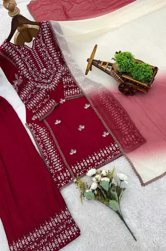 maroon cotton kurta set with embroidery work