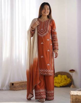 orange cotton kurta set with embroidery thread work 1