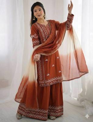 orange cotton kurta set with embroidery thread work 2