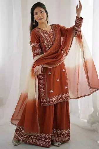 orange cotton kurta set with embroidery thread work