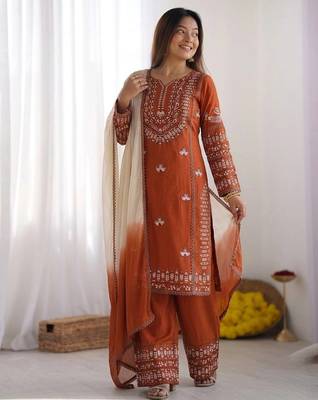 orange cotton kurta set with embroidery thread work 3