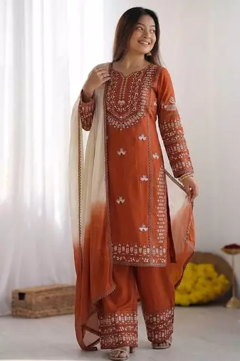 orange cotton kurta set with embroidery thread work