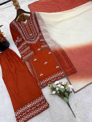 orange cotton kurta set with embroidery thread work 4