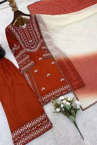 orange cotton kurta set with embroidery thread work