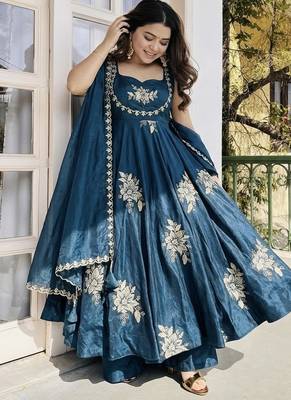 blue silk sharara kurta set with embroidery sequins 2