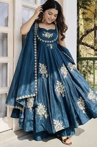 blue silk sharara kurta set with embroidery sequins