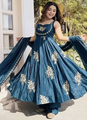 blue silk sharara kurta set with embroidery sequins 3