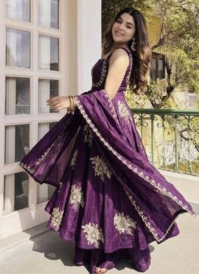 purple silk anarkali kurta set with embroidered sequins work 2