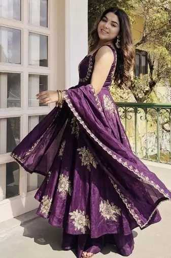 purple silk anarkali kurta set with embroidered sequins work