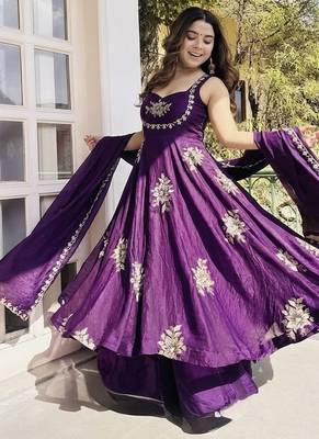 purple silk anarkali kurta set with embroidered sequins work 3